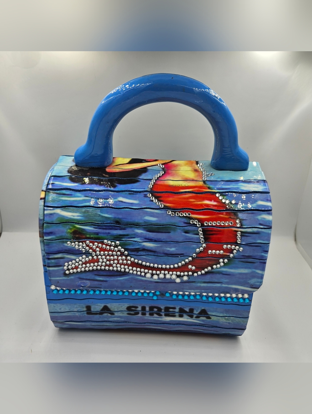 One-of-a-Kind Hand-Painted Lotería 'La Sirena' Artisan Handbag - Rhinestone DIY